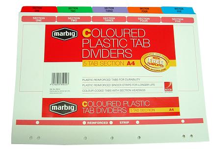 DIVIDERS A4 5 TAB Color Coded 5 Sections Card M